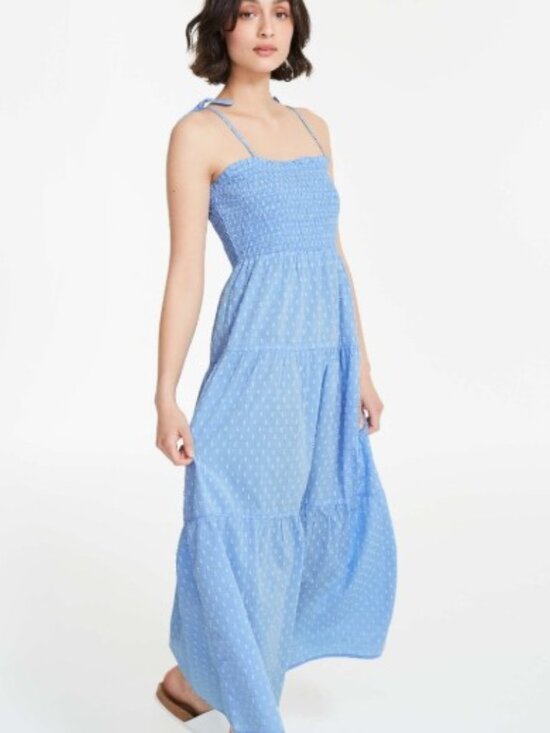 Joe Fresh Dresses & Skirts - NWT Joe Fresh Light Blue Smocked Tiered Tie-Shoulder Swiss Dot Maxi Dress Size S